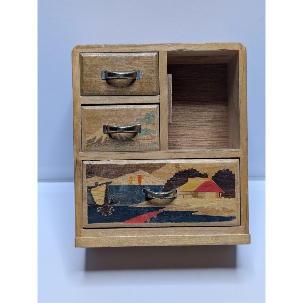 Vintage Japanese Wooden Mini Drawer Organizer Trinket Box Folk Art Decor